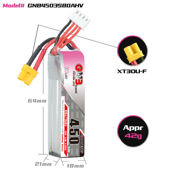 Gaoneng GNB 11.4V 450mAh 80C 3S HV LiPo Battery XT30 Plug for RC Drone - Image 7