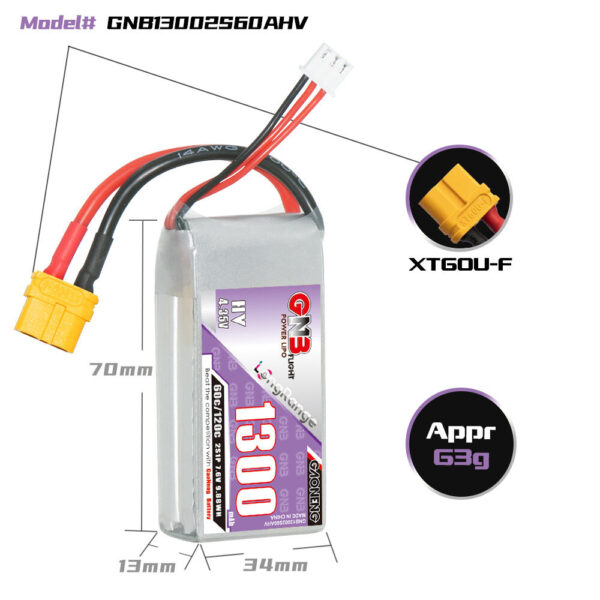 Gaoneng GNB 7.6V 1300mAh 60C 2S LiPo Battery XT30 / XT60 Plug for RC Drone - Image 4