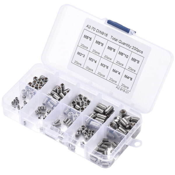 200pcs 304 Stainless Steel Set Screw M3 M4 M5 M6 M8 Allen Head Socket Hex Grub Screw Set Cup Point Assortment Kit Metric - Image 2