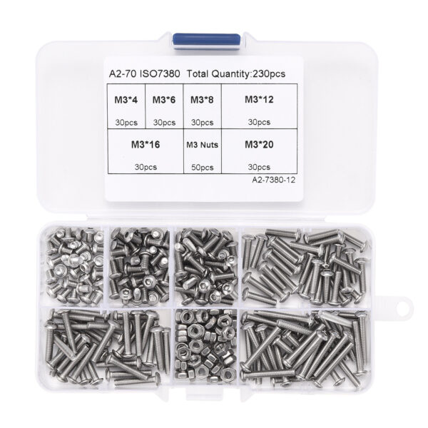 230pcs M3 304 Stainless Steel Allen Hex Drive Button Head Socket Cap Bolts Screws Nuts Assortment Kit Box Nuts Allen bolts Set - Image 4