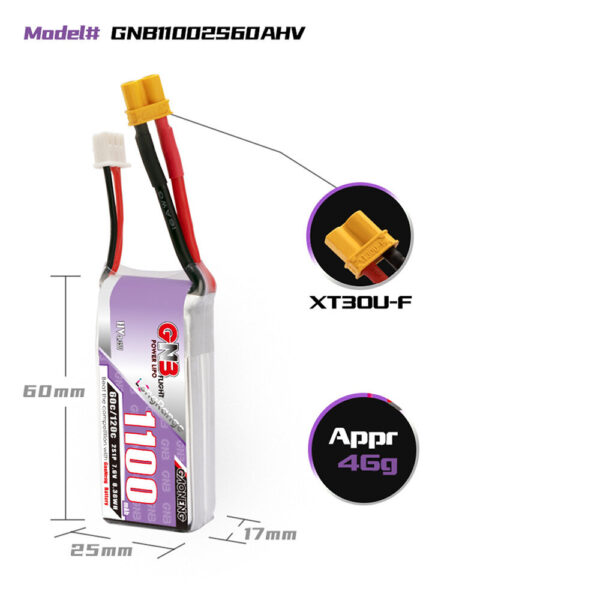 Gaoneng GNB 7.6V 1100mAh 60C 2S LiPo Battery XT30 / XT60 Plug for RC Drone - Image 4