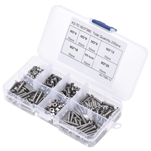 230pcs M3 304 Stainless Steel Allen Hex Drive Button Head Socket Cap Bolts Screws Nuts Assortment Kit Box Nuts Allen bolts Set - Image 2