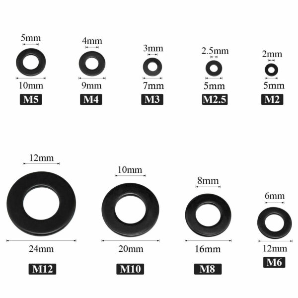 580Pcs Black Nylon Flat Washer Assortment Kit M2 M2.5 M3 M4 M5 M6 M8 M10 M12 Plastic Plain Spacer Insulation Gasket Ring - Image 2