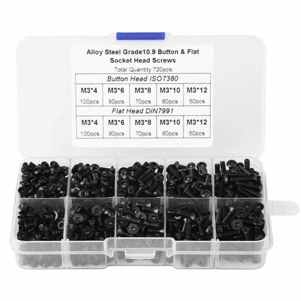 720pcs M3 Carbon Steel Black Round Head Screw Countersunk Head Flat Head Bolt Set Hex Hexagon Socket Screw Assortment Kit - Image 1