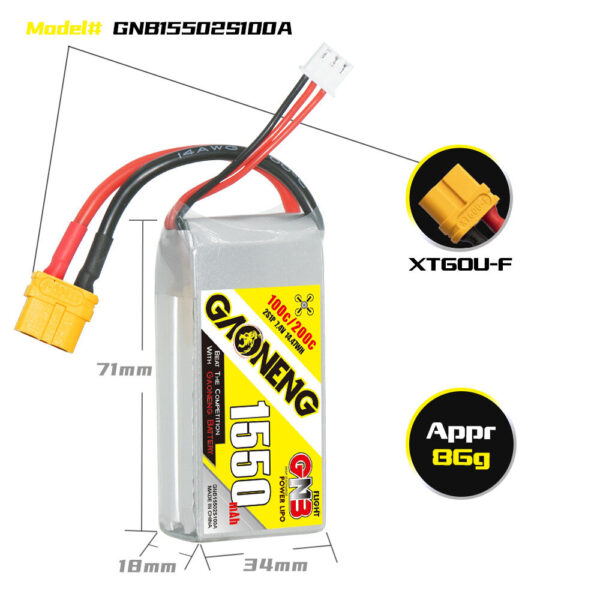 Gaoneng GNB 7.4V 1550mAh 100C 2S LiPo Battery XT60 Plug for RC Drone - Image 5