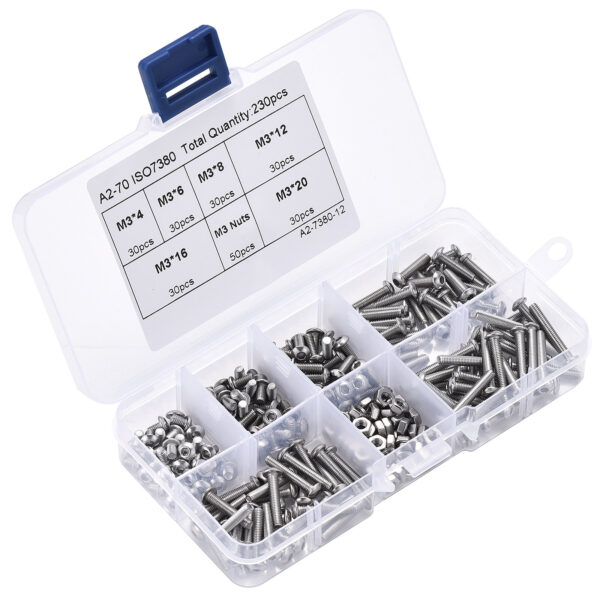 230pcs M3 304 Stainless Steel Allen Hex Drive Button Head Socket Cap Bolts Screws Nuts Assortment Kit Box Nuts Allen bolts Set - Image 1