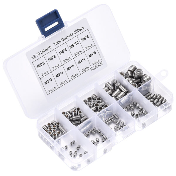 200pcs 304 Stainless Steel Set Screw M3 M4 M5 M6 M8 Allen Head Socket Hex Grub Screw Set Cup Point Assortment Kit Metric - Image 1