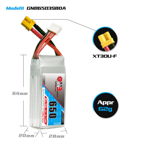 Gaoneng GNB 11.1V 650mAh 80C 3S LiPo Battery XT30 Plug for RC Drone - Image 4