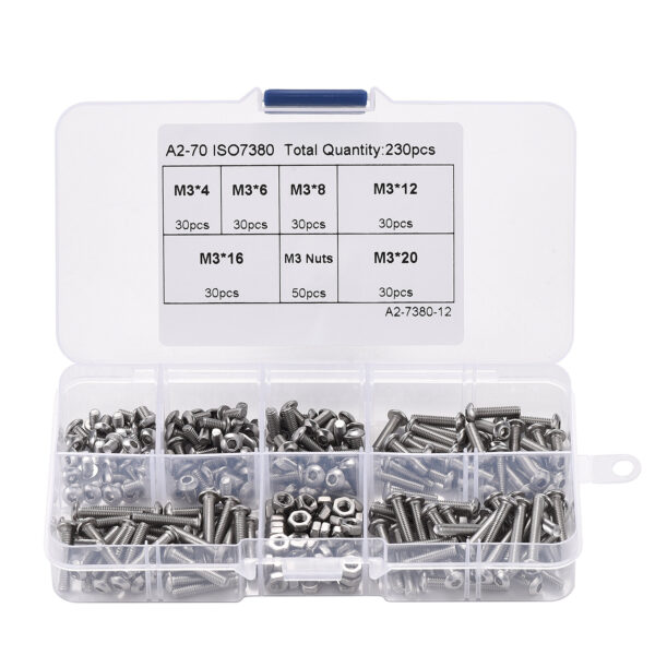 230pcs M3 304 Stainless Steel Allen Hex Drive Button Head Socket Cap Bolts Screws Nuts Assortment Kit Box Nuts Allen bolts Set - Image 3