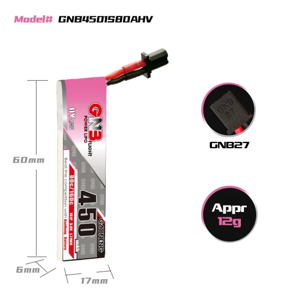 GAONENG GNB 3.8V 450mAh 80C 1S 4.35V HV LiPo Battery GNB27 Plug for TINY7  Moblite7 Walksnail Whoop FPV Racing Drone - Image 7