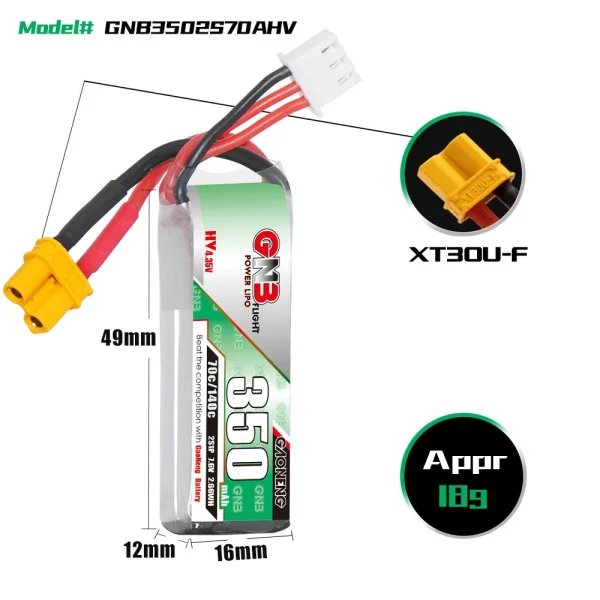 Gaoneng GNB3502S70AHV GNB 7.6V 350mAh 70C 2S HV LiPo Battery  PH2.0 XT30 Plug for GEPRC TinyGo Crux3 Beta75 Pro FPV Drone Quadcopter Helicopter - Image 5