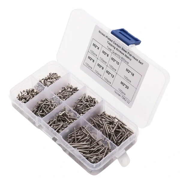 800pcs M2 Screw Assortment Kit M2 Cross Drive Flat Head Self-Tapping Screws Nickel-Plated Carbon Steel Wood Screws Kit with Box - Image 3