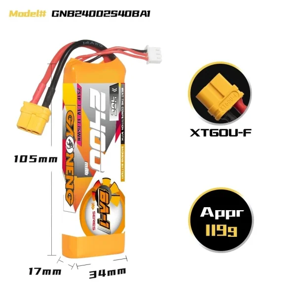 Gaoneng GNB 7.4V 2400mAh 40C 2S LiPo Battery T Plug / XT60 Plug for 1/12 1/14 1/16 RC Car Volantexrc RC Boat Aerial Photography Model - Image 5