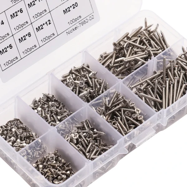 800pcs M2 Screw Assortment Kit M2 Cross Drive Flat Head Self-Tapping Screws Nickel-Plated Carbon Steel Wood Screws Kit with Box - Image 2