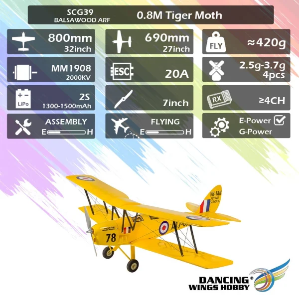 Dancing Wings Hobby SCG39 Tiger Moth ARF 800mm Wingspan Balsa Wood RC Airplane KIT/KIT+Power Combo - Image 5
