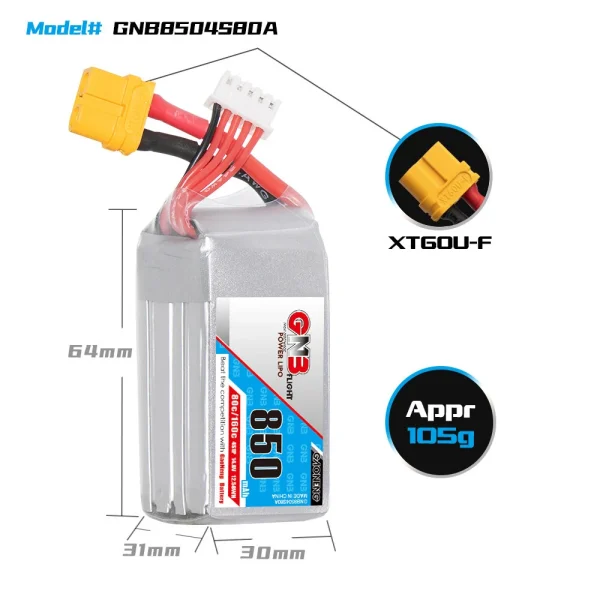 Gaoneng 14.8V 850mAh 80C 4S LiPo Battery XT60 Plug for RC Drone - Image 4