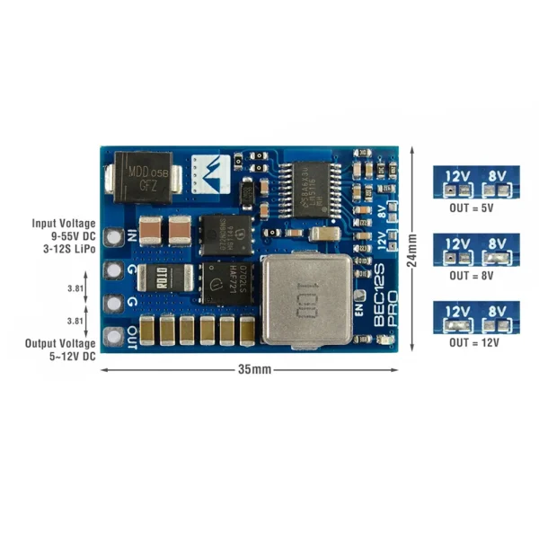 Matek Systems 12S Pro BEC Step-Down Module with TVS Protection 9V-55V To 5V/8V/12V-5A Input for FPV Drone - Image 2