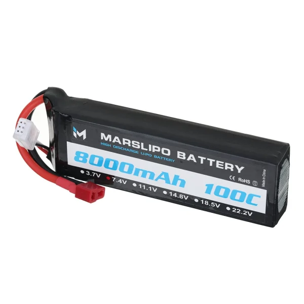 MARSLIPO 7.4V 8000mAh 100C 2S Lipo Battery T Plug for RC Car - Image 3