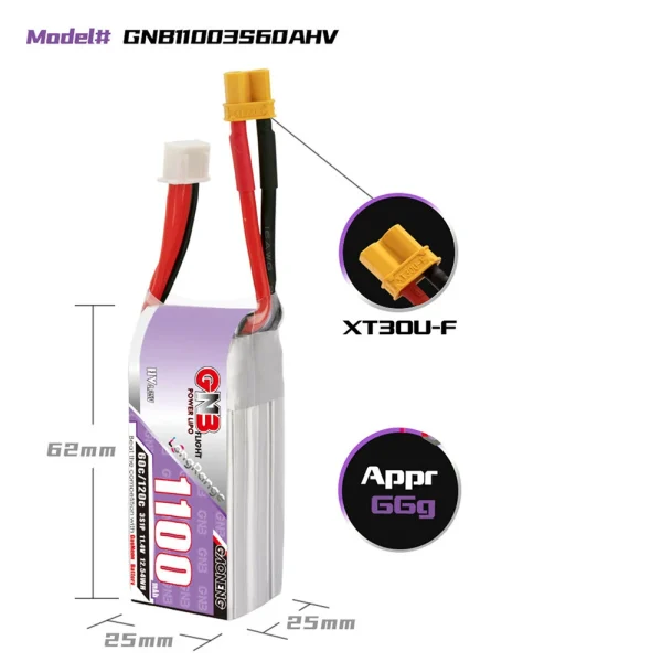 Gaoneng GNB 11.4V 1100mAh 60C 3S LiPo Battery XT30 / XT60 Plug for Darwinfpv FoldApe4 RC FPV Racing Drone - Image 4
