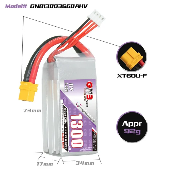 GNB GAONENG 11.4V 1300mAh 60C 3S LiPo Battery XT30/XT60 Plug for RC Drone - Image 3