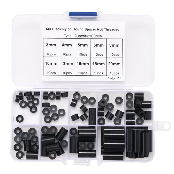 100pcs M3 Black Nylon Round ABS Metric Spacer Insulation Plastic Standoff Not Threaded for Screw Assortment Kit Set - Image 3
