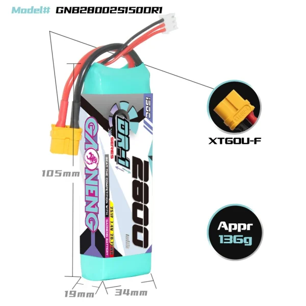 Gaoneng 7.4V 2800mAh 150C 2S Lipo Battery XT60 PLUG/T PLUG for 1/12 1/14 1/16 RC Cars - Image 4
